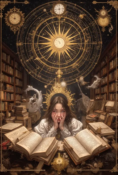 metaphysical, astronomy, ARUKEMY , The flow of time, Future, Now, past, Ancient Books, Grand Library, Medieval Manuscripts, star map, Spirit World, Cosmic Truth, Shaking Historical Timeline, Akashic Records, clock, LOST GIRL, puzzled expression, Dreamy At...