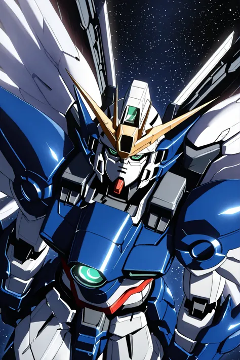 Wing_Zero, Highest Quality、 ultra high res 、anime、Mechanical Goddess、The goddess is wearing Gundam armor、Delicate Details、outer space、It's spreading its wings a lot、mainly with cranes、is beautiful and cute、fantasy、artistic、particles of light are coming out...