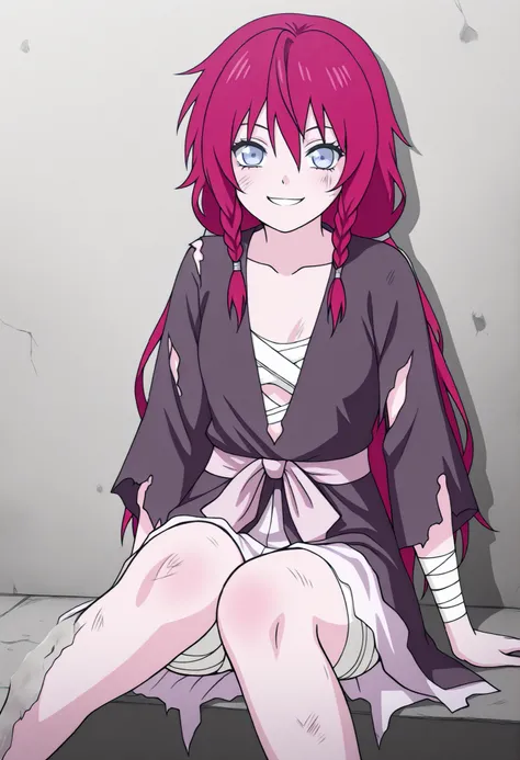 masterpiece, best quality, amazing quality, very aesthetically pleasing, absurd, novelty, 1 girl, long red hair, very dirty braid, solo, blue eyes, fair skin, bandage on the left eye, looking at the viewer, smiling sadly, standing, on the street, in front ...