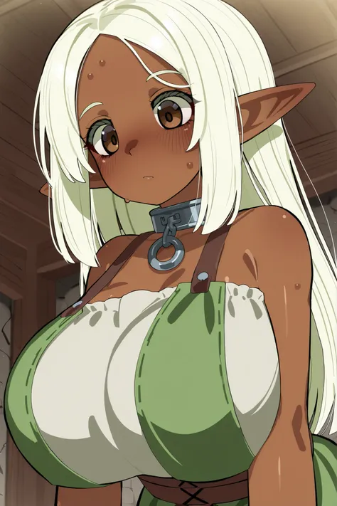  short small young elf little girl, solo, dark skin, (long hair), brown eyes, iron collar, huge breasts, mizumizuni style, transparent background, straight hair,