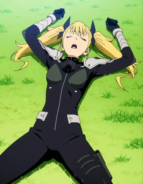 KikoruShinomiya, blonde hair, twintails, closed eyes, black bodysuit, shoulder armor, gauntlets, anime screencap, high quality, solo, lying, on back, on grass, arms up, legs apart, cowboy shot, open mouth, looking up, defeat, best quality