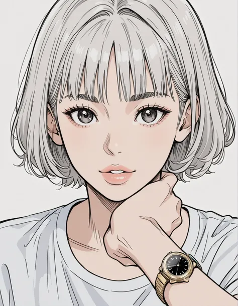 side views,solo,girls,White Frizzy + Spiky+ wavy short hair,split bangs,white striped gray hair,Tees,Natural Cosmetics,adults with cute faces ,full lips,(Line art),sketch, slam dunk style ,mono ,(watch viewers:1.3),white background,Manga Style