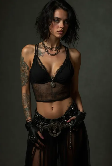 Smoking hot female wearing sheer black clothing gypsy style skirt that hangs extremely low, gaudy huge belts that hands cockeyed over hips, beautiful short wavy hair, tattoos and piercings, sensual hips that tease and an ass that is perfect, small breasts ...