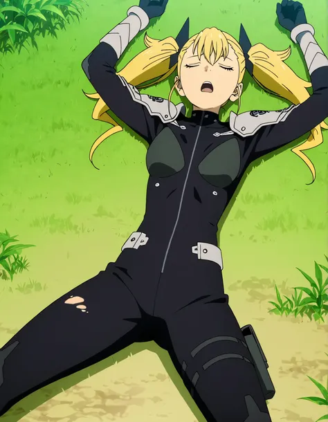 KikoruShinomiya, blonde hair, twintails, closed eyes, black bodysuit, shoulder armor, gauntlets, anime screencap, high quality, solo, lying, on back, on grass, arms up, legs apart, cowboy shot, open mouth, looking up, defeat, best quality