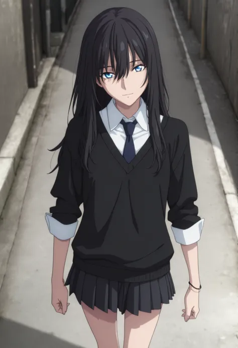 masterpiece, best quality, amazing quality, highres, absurdres, very aesthetic, high resolution, ,ultra detailed, perfect details, ufotable style, 1girl, solo, outdoors, , (detailed background:1.2),from above, , minami kano, semi long hair, , ((black hair...