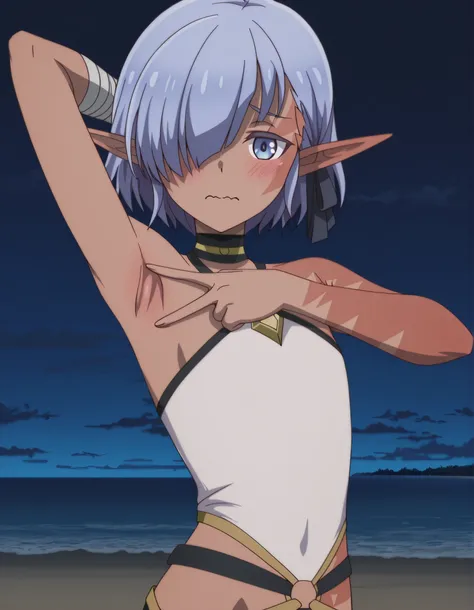 cariaerful, dark elf, dark-skinned female, short hair,  blue hair, hair over one eye, blue eyes, pointy ears, bandaged arm, black choker, burn on face, burnt arm, flat chest, white top, halterneck, sleeveless, black shorts, anime screencap, high quality, s...