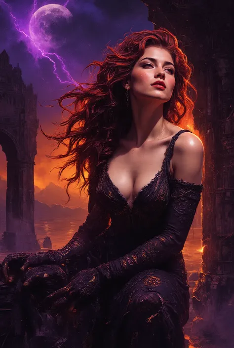 Intimate semi realistic surreal portrait of a divine siren goddess, oil painting with expressive brushstrokes, impossibly beautiful eyes like deep cosmic pools - huge and mesmerizing with gold-flecked violet irises burning with inner fire, framed by thick ...