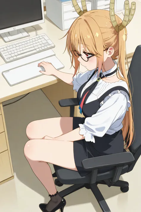 Tohru wears office glasses, black secretary outfit, white shirt with neckline, black mini skirt , dark socks, black heels, sitting in a chair typing on her office computer.