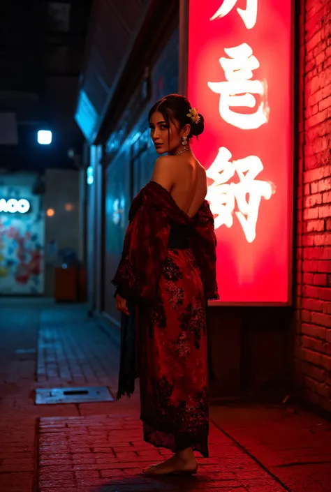 Full body view of an alluring Asian woman in a very short red and black kimono, partially slipping off her bare shoulders and back, as she turns her head to look back over her shoulder. Her long black hair, adorned with delicate flowers, is styled in an el...