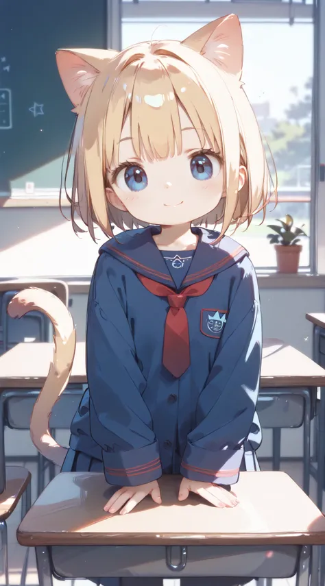 masterpiece、Highest Quality、Highest Quality、8k,anime style、1 girl、Little girl、young、Cat ears、cat tail、big eyes、Short Height、Blonde、Blue Eyes、Voluminous Hair、Smile Yan、school、classrooms、desk from Sia