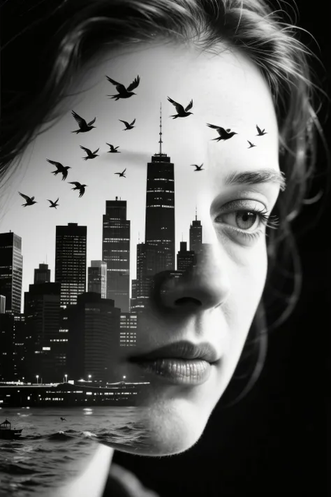facial close-up of a contemplative woman,Her silhouette blends silhouettes of the city skyline with flying flocks of birds。Exquisite double exposure effects, High contrast black and white,emotional,Ansel Adams style tone。