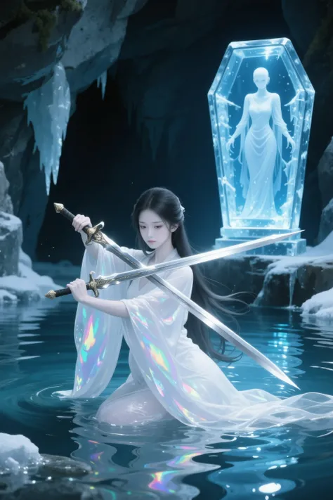 Master Works,high quality,single girl,Little Dragon Girl,The iconic ice and snow beauty,带有Cold脱俗的气质。Dressed in a simple white yarn,Practice in the cold pool of the tomb《Jade Maiden Heart Sutra》double sword 。The pool is clear and sparkling,reflects the cool...