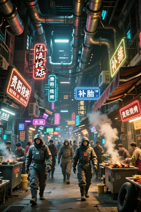 《Wandering Earth》The underground city scene,The narrow streets are lined with dense neon signs and Chinese food stalls,Steam pipes interlaced above their heads。People of different skin colors walk in heavy protective clothing。, and the scene is full of lif...