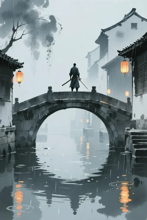 Back portrait of a lone knight,Standing on an arch bridge in Jiangnan Water Town like an ink painting,holding a long sword,Drizzle,The side of the water reflects the warm light of a lantern,The picture is quiet and full of Zen,Like《Crouching Tiger Hidden D...