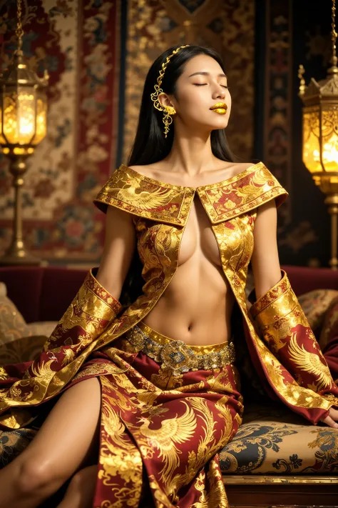 This is a high-resolution photograph of a young Asian woman seated sideways on an ornate divan, her body gracefully arched. She has golden-hued skin and waist-length, straight black hair that is partially braided with gold thread. Her eyes are closed in a ...