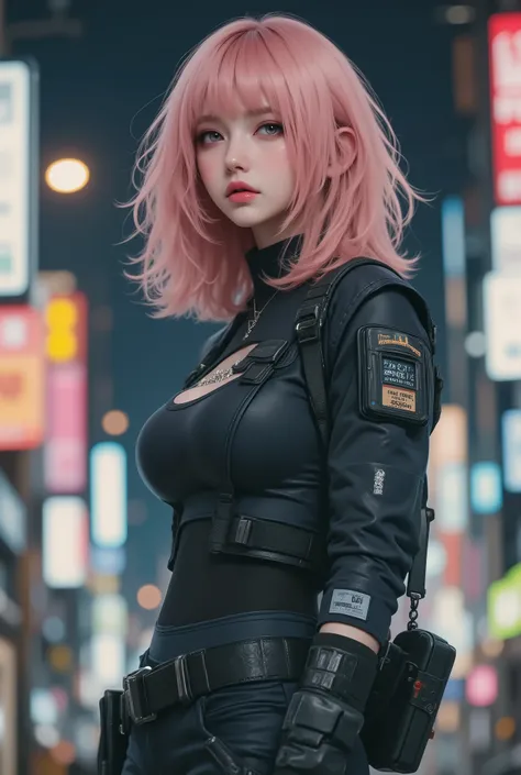 photo real、realistic skin texture、gun、Extremely Tight Cyberpunk Suit、Fluffy Shoulder-Length Hair、Dim Cyberpunk City、beautiful pink eyes、pink hair、thinウエスト、Beautiful Standing、Equipped on a Belt、thin、style is good、Shoulder-width is not wide、The waist is wide...