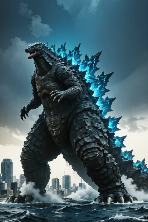 Envision the apocalyptic realm of a coastal megacity, where the legendary King of the Monsters, Godzilla, emerges from the depths to claim the land. This colossal creature possesses the formidable and iconic form of a prehistoric behemoth, while embodying ...