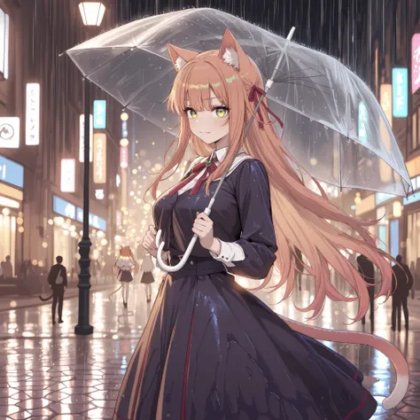 very aesthetic, best quality, amazing quality, masterpiece, absurdres, ultra detailed, High Quality, High Resolution, High Definition, JK Style, JK, 1girl, kanade-default, green eyes, orange hair, long hair, animal ears, hair ribbon, fang, a cat tail, deta...