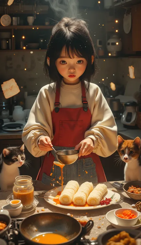 (Masterpiece, Best Quality: 1.2), jiyeon_oc:1.2,
A single dramatic photo, in a semi-realistic animation style. In a dark, small kitchen with dramatic spotlighting, using a dynamic composition with a tilted Dutch angle. A playful and expressive short black-...