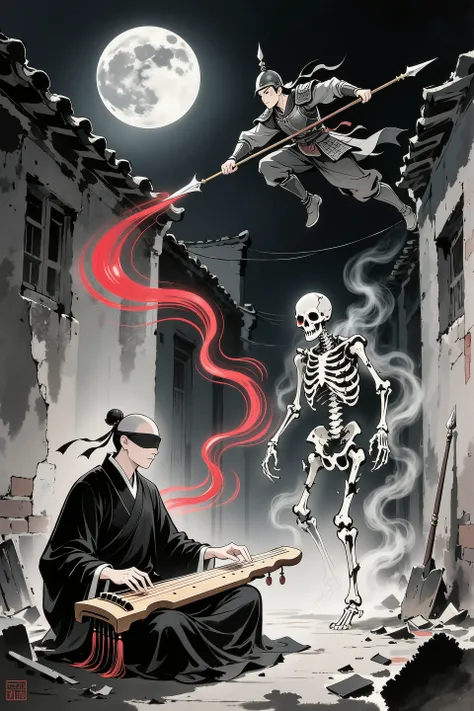 In the hauntingly beautiful Pigsty Alley, a captivating night scene unfolds under a shrouded moon. a blind musicians, draped in flowing black robes, sit cross-legged, their fingers gracefully gliding over the strings of a guqin. As they play, vibrant crims...
