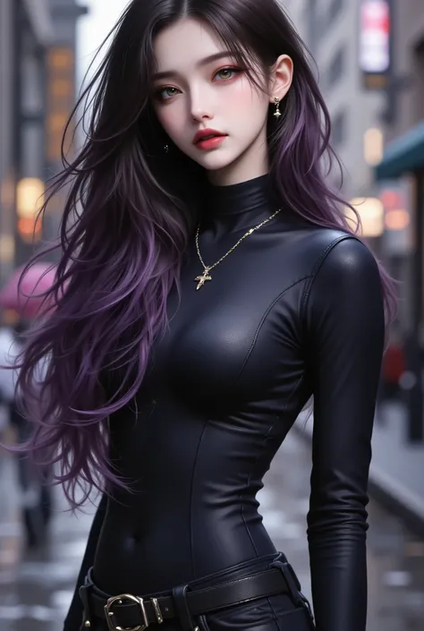 photo real、realistic skin texture、gun、extremely tight cyberpunk catsuit、beautiful long hair、Dim Cyberpunk City、Beautiful Thin Violet Eyes、Black hair with slightly purple tips、thinウエスト、Beautiful Standing、Equipped on a Belt、thin、style is good、Shoulder-width ...