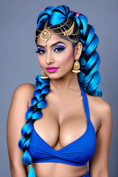 Beautiful sporty Indian girl blue hair pink lips big breasts deep cleavage, hair - strands are gathered at the temples and crown, braid or curl. The elements are laid in the form of a snail or twisted into a knot.