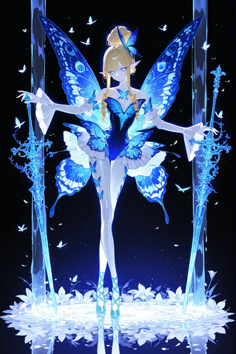 (butterfly leotard, narrow waist,xxx667_illu,) Faèrie princess. She has dexterous athletic physique of ballerina, long flexible thin six-fingered limbs. She has eight mother-of-pearl multicolored dragonfly wings. She has pale ivory skin and long pointy el...