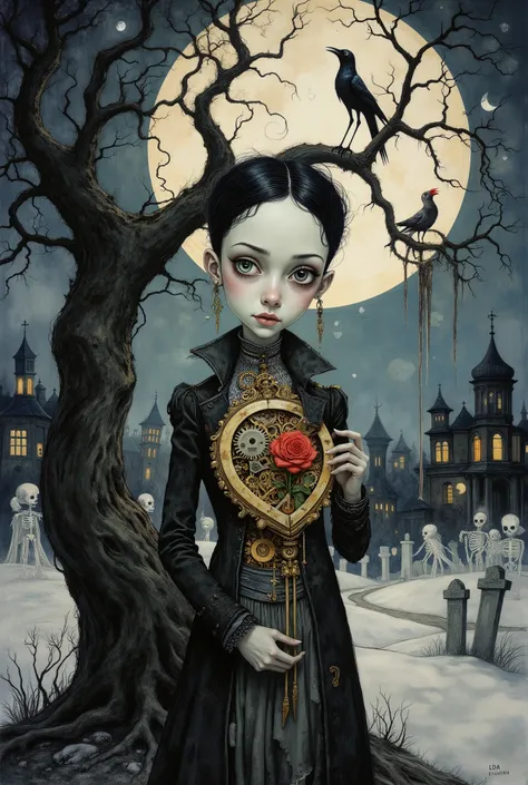 ((Masterpiece, best quality, ultra-detailed, 8k)) ,
In the style of Tim Burton's gothic animation ("The Nightmare Before Christmas", "Corpse Bride"), black and white base with accent colors, sketchy lines, elongated and angular proportions, gothic surreali...