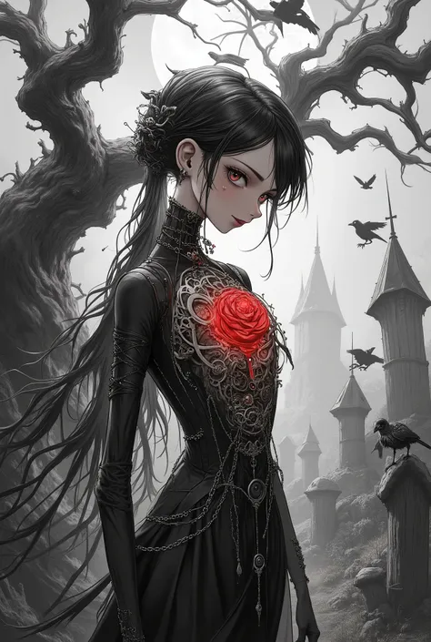 ((Masterpiece, best quality, ultra-detailed, 8k)) , In the style of Tim Burton's gothic animation ("The Nightmare Before Christmas", "Corpse Bride"), black and white base with accent colors, sketchy lines, elongated and angular proportions, gothic surreali...