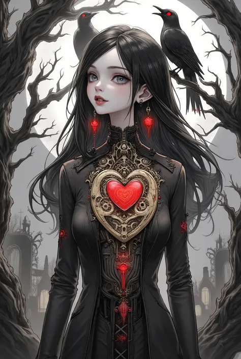 ((Masterpiece, best quality, ultra-detailed, 8k)) , In the style of Tim Burton's gothic animation ("The Nightmare Before Christmas", "Corpse Bride"), black and white base with accent colors, sketchy lines, elongated and angular proportions, gothic surreali...