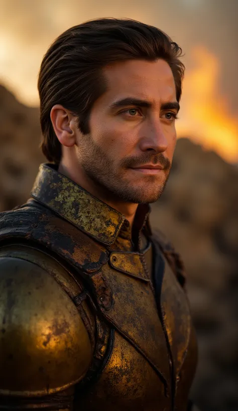 lose-up face in gold and black suit
Ruined scenery, distant fire reflecting in the eyes and armor.
Cinematic lighting, contraste forte, blurred burning background to keep focus on Jake Gyllenhaal's hyper-realistic.