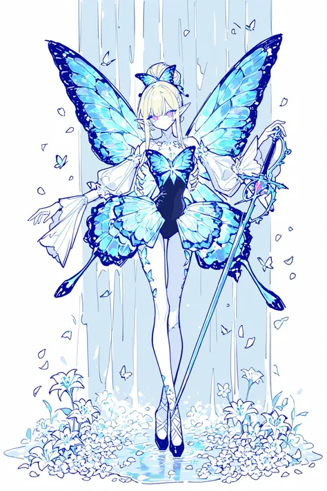 (ma1ma1helmes_b_illu,sketch,butterfly leotard, narrow waist,) Faèrie princess. She has dexterous athletic physique of ballerina, long flexible thin six-fingered limbs. She has eight mother-of-pearl multicolored dragonfly wings. She has pale ivory skin and...