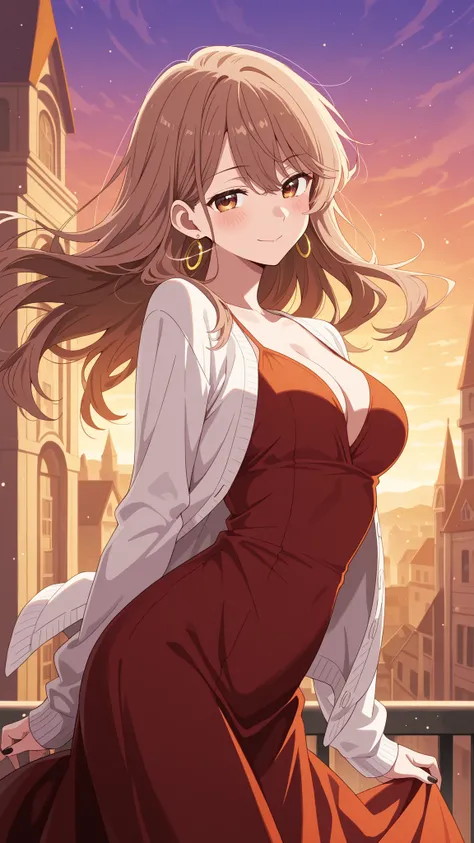 BREAK (masterpiece:1.2), best quality, high resolution, unity 8k wallpaper, (illustration:0.8), (beautiful detailed eyes:1.6),Anime-style view from the street, skyscrapers glowing in orange and purple sunset light. The sky burns with warm colors between ta...