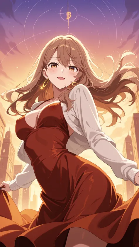 BREAK (masterpiece:1.2), best quality, high resolution, unity 8k wallpaper, (illustration:0.8), (beautiful detailed eyes:1.6),Anime-style view from the street, skyscrapers glowing in orange and purple sunset light. The sky burns with warm colors between ta...