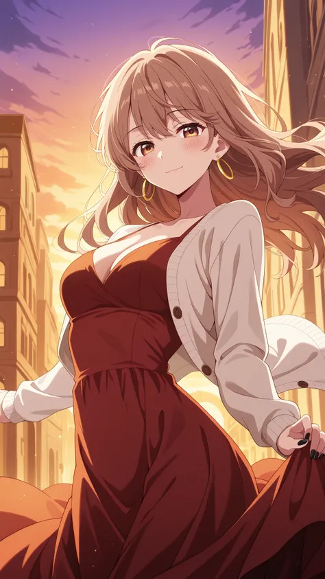 BREAK (masterpiece:1.2), best quality, high resolution, unity 8k wallpaper, (illustration:0.8), (beautiful detailed eyes:1.6),Anime-style view from the street, skyscrapers glowing in orange and purple sunset light. The sky burns with warm colors between ta...