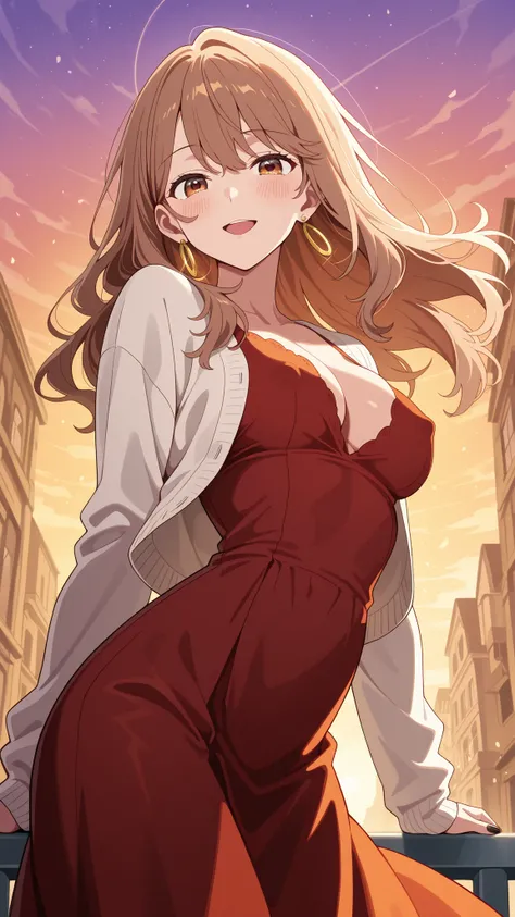 BREAK (masterpiece:1.2), best quality, high resolution, unity 8k wallpaper, (illustration:0.8), (beautiful detailed eyes:1.6),Anime-style view from the street, skyscrapers glowing in orange and purple sunset light. The sky burns with warm colors between ta...