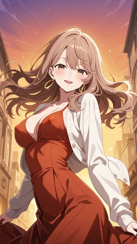 BREAK (masterpiece:1.2), best quality, high resolution, unity 8k wallpaper, (illustration:0.8), (beautiful detailed eyes:1.6),Anime-style view from the street, skyscrapers glowing in orange and purple sunset light. The sky burns with warm colors between ta...