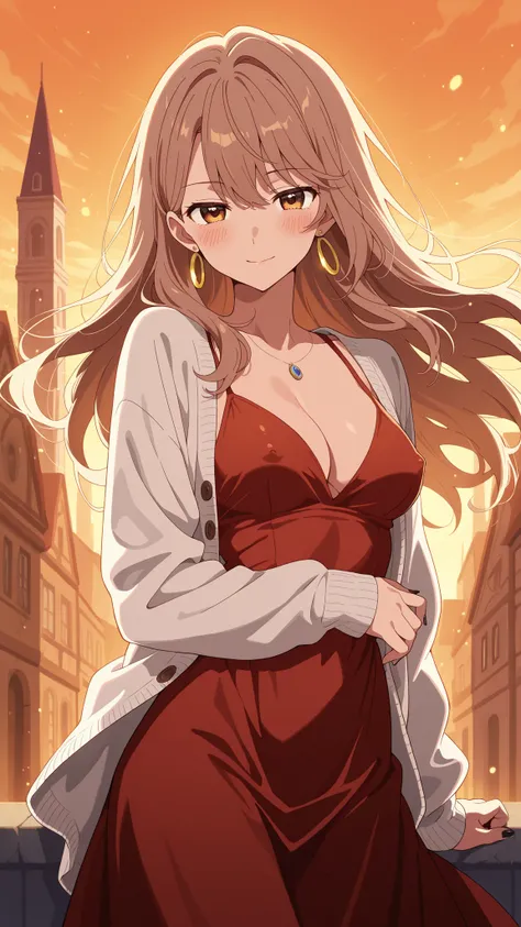 BREAK (masterpiece:1.2), best quality, high resolution, unity 8k wallpaper, (illustration:0.8), (beautiful detailed eyes:1.6),Anime-style view from the street, skyscrapers glowing in orange and purple sunset light. The sky burns with warm colors between ta...