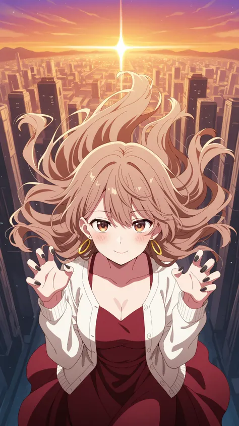 BREAK (masterpiece:1.2), best quality, high resolution, unity 8k wallpaper, (illustration:0.8), (beautiful detailed eyes:1.6),Anime-style view from the street, skyscrapers glowing in orange and purple sunset light. The sky burns with warm colors between ta...