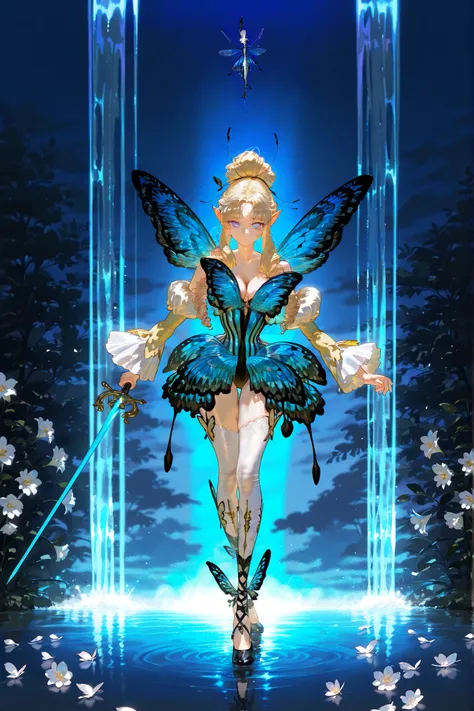 (butterfly leotard, narrow waist,) Faèrie princess. She has dexterous athletic physique of ballerina, long flexible thin six-fingered limbs. She has eight mother-of-pearl multicolored dragonfly wings. She has pale ivory skin and long pointy elf ears. Her ...
