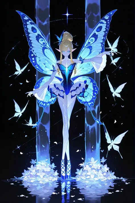 (butterfly leotard, narrow waist,xxx667_illu,) Faèrie princess. She has dexterous athletic physique of ballerina, long flexible thin six-fingered limbs. She has eight mother-of-pearl multicolored dragonfly wings. She has pale ivory skin and long pointy el...