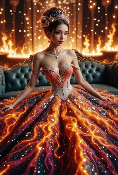 A high-resolution, detailed 3D rendering style. A young woman with big bobs, douyin-style makeup, adorned in a lavish gown, strapless dress, is seated against the backdrop of an elegant, tufted sofa. Her gown is striking, with a shimmering bodice adorned w...