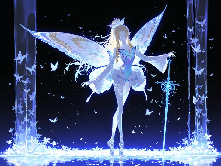 (butterfly leotard, narrow waist,xxx667_illu,) Faèrie princess. She has dexterous athletic physique of ballerina, long flexible thin six-fingered limbs. She has eight mother-of-pearl multicolored dragonfly wings. She has pale ivory skin and long pointy el...