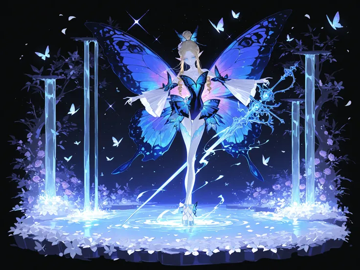 (butterfly leotard, narrow waist,xxx667_illu,) Faèrie princess. She has dexterous athletic physique of ballerina, long flexible thin six-fingered limbs. She has eight mother-of-pearl multicolored dragonfly wings. She has pale ivory skin and long pointy el...