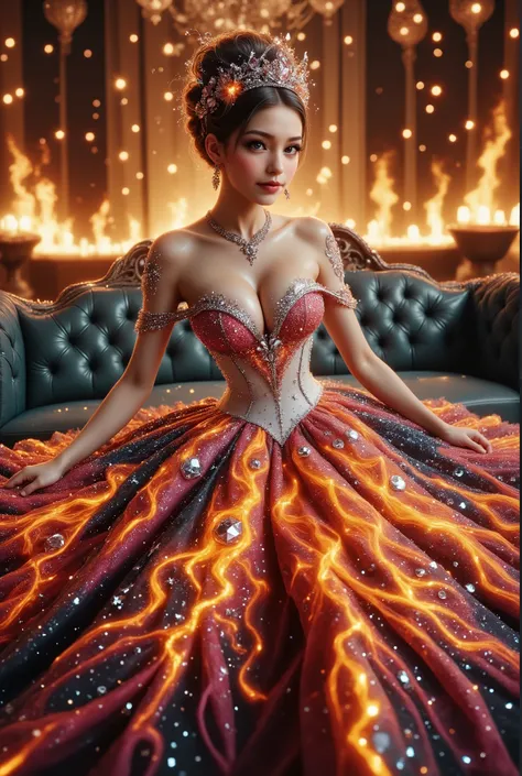 A high-resolution, detailed 3D rendering style. A young woman with big bobs, douyin-style makeup, adorned in a lavish gown, strapless dress, is seated against the backdrop of an elegant, tufted sofa. Her gown is striking, with a shimmering bodice adorned w...