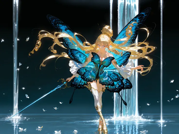 (butterfly leotard, narrow waist,) Faèrie princess. She has dexterous athletic physique of ballerina, long flexible thin six-fingered limbs. She has eight mother-of-pearl multicolored dragonfly wings. She has pale ivory skin and long pointy elf ears. Her ...