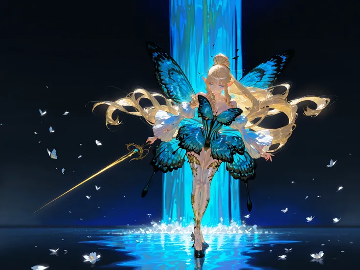 (butterfly leotard, narrow waist,) Faèrie princess. She has dexterous athletic physique of ballerina, long flexible thin six-fingered limbs. She has eight mother-of-pearl multicolored dragonfly wings. She has pale ivory skin and long pointy elf ears. Her ...