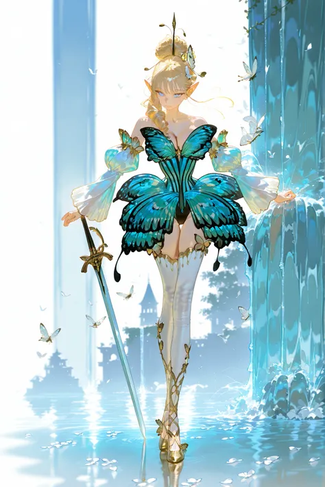 (butterfly leotard, narrow waist,) Faèrie princess. She has dexterous athletic physique of ballerina, long flexible thin six-fingered limbs. She has eight mother-of-pearl multicolored dragonfly wings. She has pale ivory skin and long pointy elf ears. Her ...