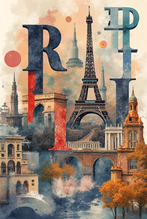 French abstract composition, French letters, or French landmarks entwined with letters of the French alphabet. an image with all proportions, an abstract image, in 8K high quality