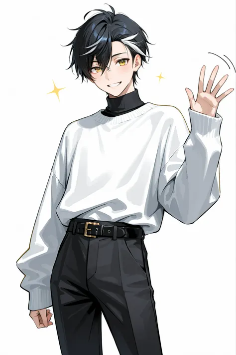 (masterpiece、Highest Quality、high resolution、white background)Cowboy Shot、solo shot、30 years old、 male、 youth、Adult、black short hair、 streaked hair、soft hair、Golden Eyes、Gentle smile、black turtleneck、White sweater、belt、pants、waving